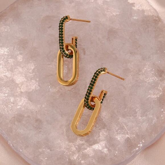 Green Zircon 18K Gold Plated Chain Drop Earrings Stainless Steel - Picture 3 of 7